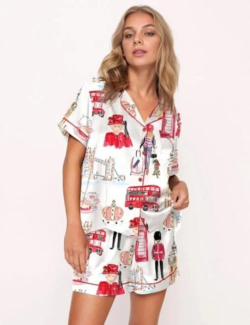 London Travel Watercolor Satin Pajama Set For Women Pajamas Set