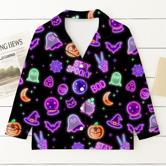 Stay Spooky Pajamas Set, Neon Halloween Pattern Sleepwear, Neon Ghost Pumpkin Skull Witch Bat Homewear, Spooky Season Gift