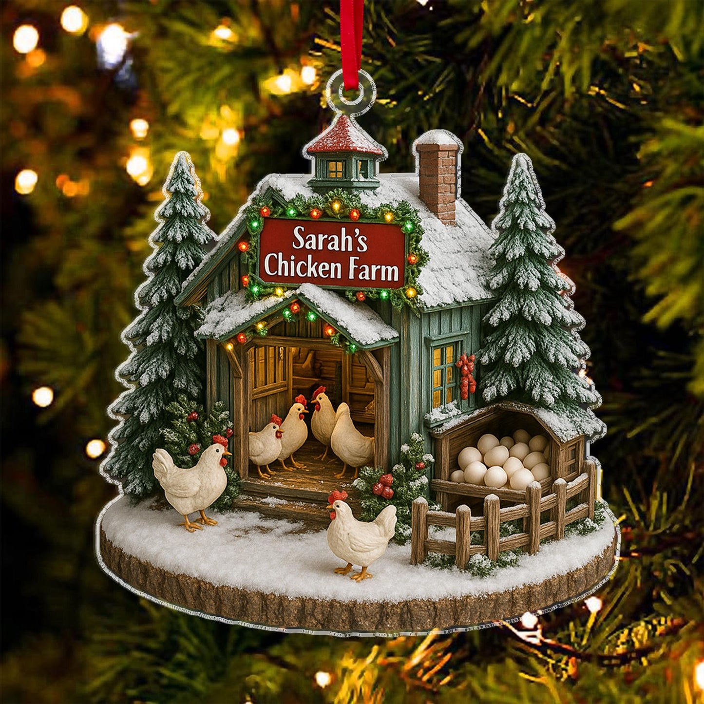 Personalized Chicken Farm Ornament, Custom Chicken Ornament 2D Flat, Farmhouse Christmas Ornament, Farm Decor, Gift For Farmer,Chicken Lover