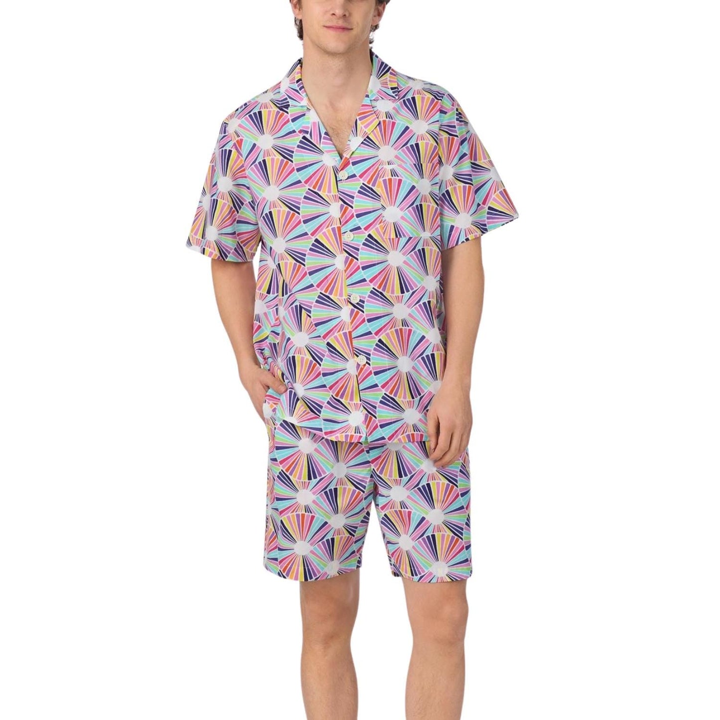 Men'S Short Sleeve Notch Woven Cotton Poplin Boxer Pj Set Pajamas Set