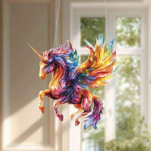 Window Hanging Flying Unicorn In Vibrant Rainbow Colors, Bringing Magic, Beauty, And Whimsical Charm To Your Home Décor