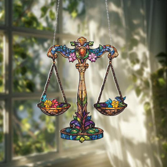 Window Hanging Colorful Balance Scales With Floral Accents, Adding Harmony, Beauty, And Artistic Charm To Your Home Décor