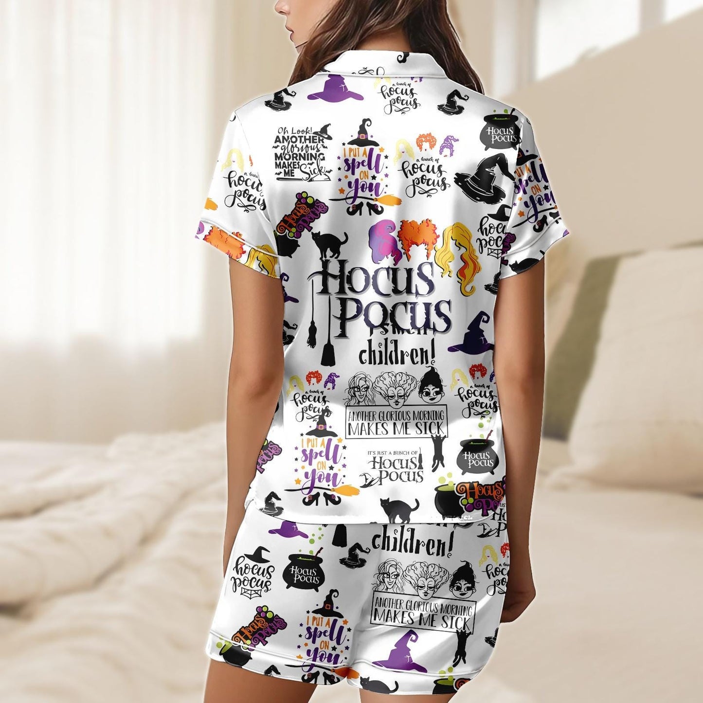 Hocus Pocus Short Satin Pajamas, Witchy Sleepwear Set for Women, Silky Halloween Lounge Outfit, Pajama Shorts, Gift for Hocus Pocus Fan Pajamas Set