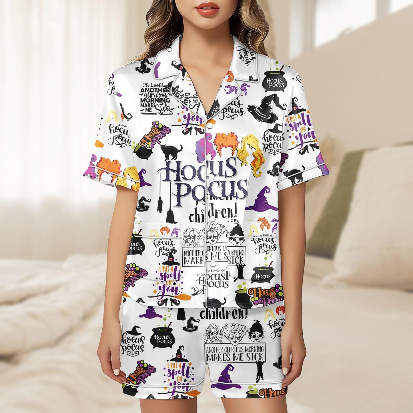 Hocus Pocus Short Satin Pajamas, Witchy Sleepwear Set for Women, Silky Halloween Lounge Outfit, Pajama Shorts, Gift for Hocus Pocus Fan Pajamas Set