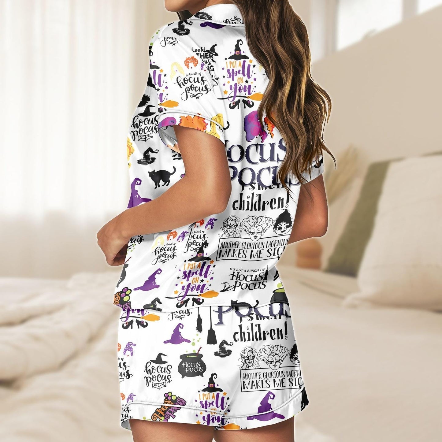 Hocus Pocus Short Satin Pajamas, Witchy Sleepwear Set for Women, Silky Halloween Lounge Outfit, Pajama Shorts, Gift for Hocus Pocus Fan Pajamas Set