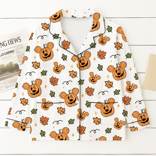 Fall Pumpkin Mouse Leaves Pajamas Set, Halloween Mk Pumpkin Sleepwear, WDW Cartoon Homewear, Cozy Fall Loungewear, Spooky Season Gift