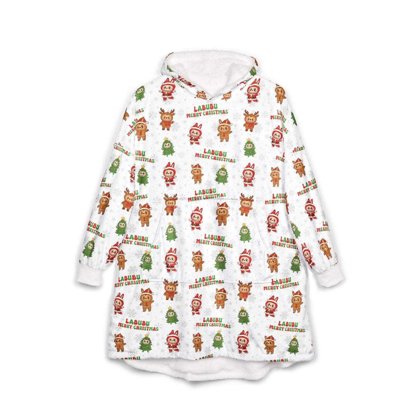 Labubu Christmas Hooded Blanket: Soft Polyester Fleece, Kangaroo Pocket