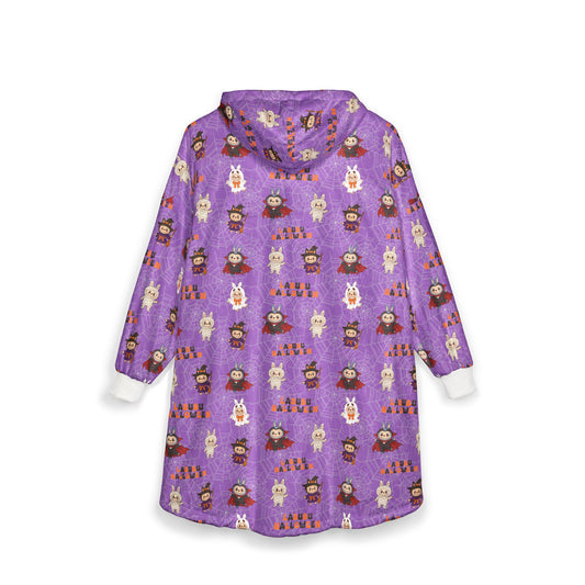 Labubu Halloween Hooded Blanket: Soft Polyester Fleece, Kangaroo Pocket