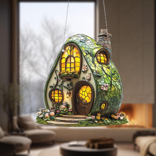 Whimsical Green Cottage Window Hanging – Enchanted Fairy House Ornament for Cozy Home Décor and Unique Gift for Nature Lovers