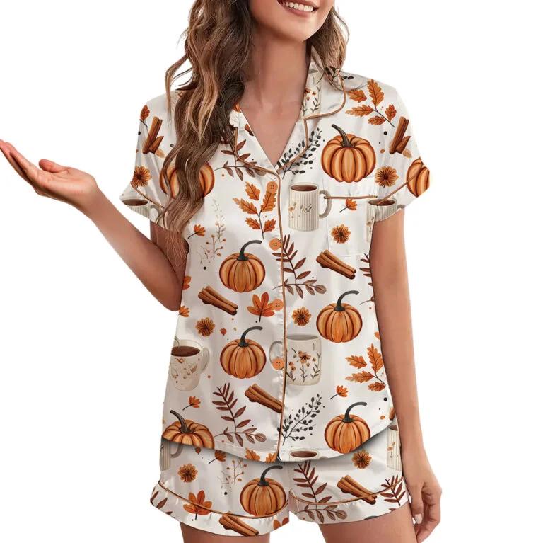Pumpkin Spice Fall Satin Pajamas Set Pajamas Set