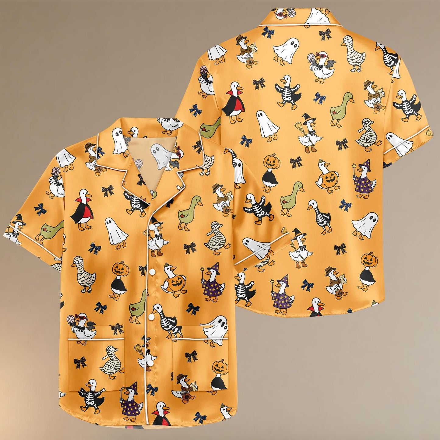 Halloween Duck Ghost Pumpkin Pajamas, Cute Ghost Pajama Shorts, Spooky Satin Sleepwear, Halloween Lounge Set, Pumpkin Halloween Gift