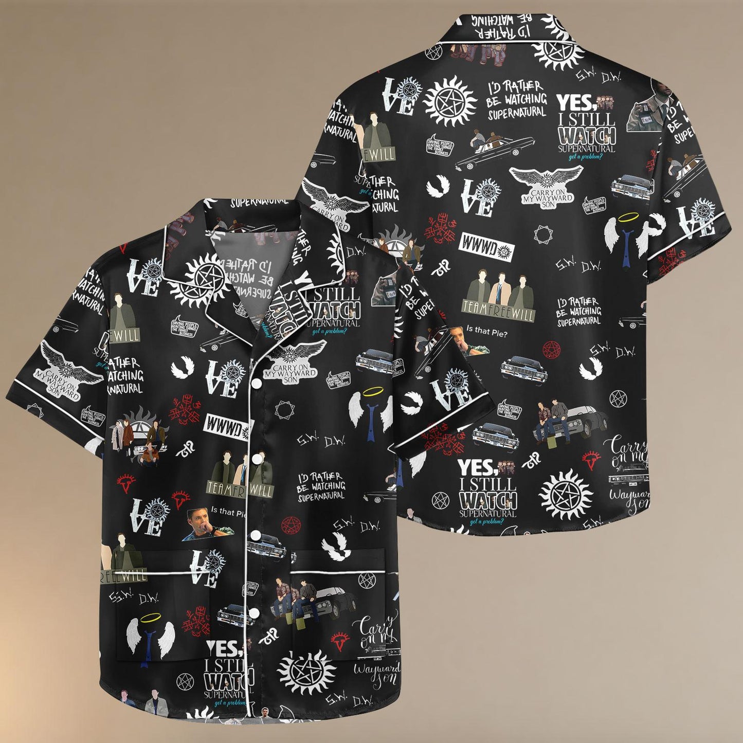 Supernatural Satin Pajamas Shorts, TV Show Pajama Set, Halloween Sleepwear, Fandom Satin Lounge Set, Cosplay Pajamas for Adults