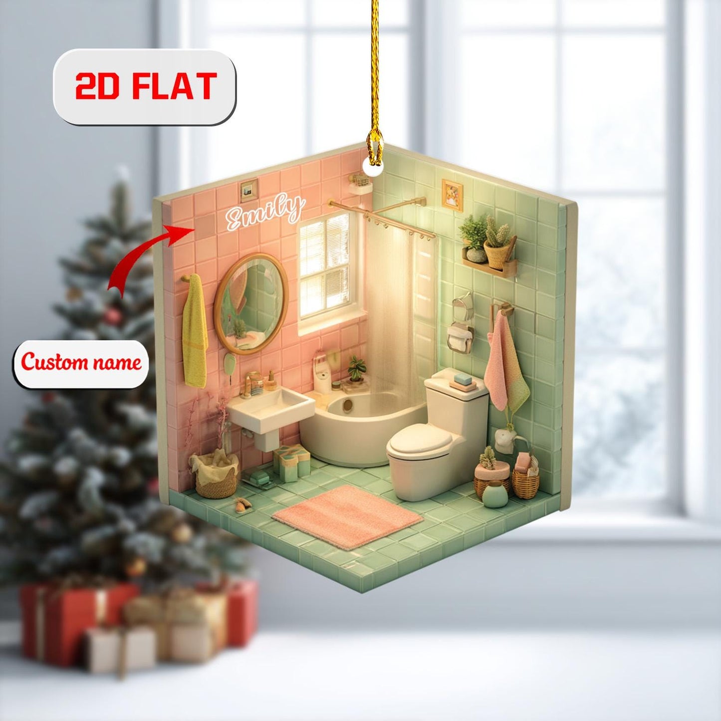 2D Custom Bathroom Ornament, Personalized Funny Christmas Ornament with Name, Unique Home Decor Gift, Housewarming Ornament