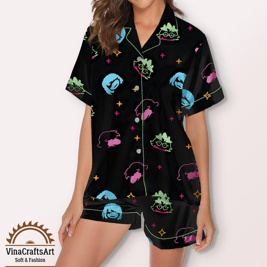 Neon Cartoon Faces Pajamas Set, Colorful Short Sleeve Sleepwear for Women, Cute Lounge Pajamas Gift, Kawaii Lounge