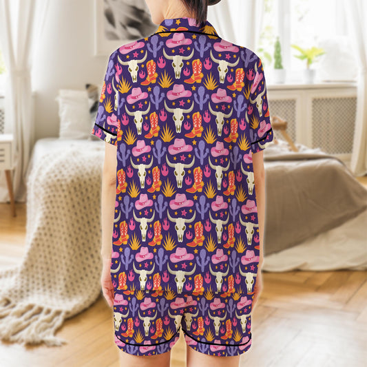 Western Cowgirl Satin Pajama Set, Western Bull Skull Cactus Pajamas, Cowgirl Vibes Sleepwear, Let's Go Girls Pajama Set, Cowgirl Country PJs