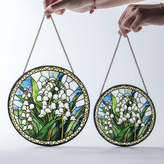 Lily of the Valley Stained Glass Suncatcher, Round Hanging Window Panel, Floral Garden Home Decor, Handmade Glass Art Gift for Her