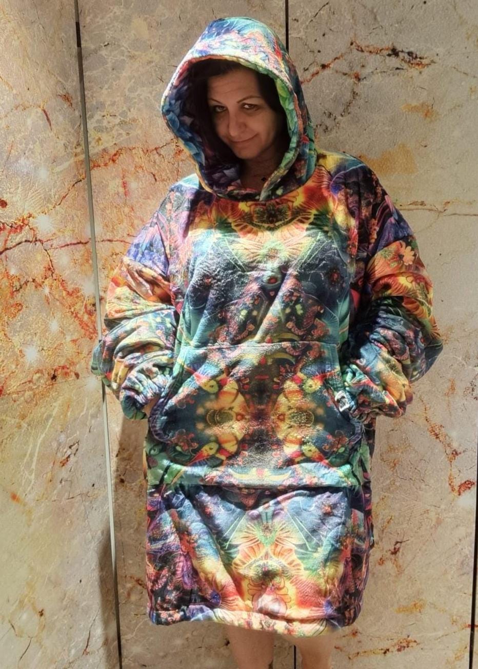 Rainbow Reversible Snug Hoodie LGBTQ Pride Flag Print Pullover Hooded Blanket with Sleeves Vivid Colours All Over Print Hoodie