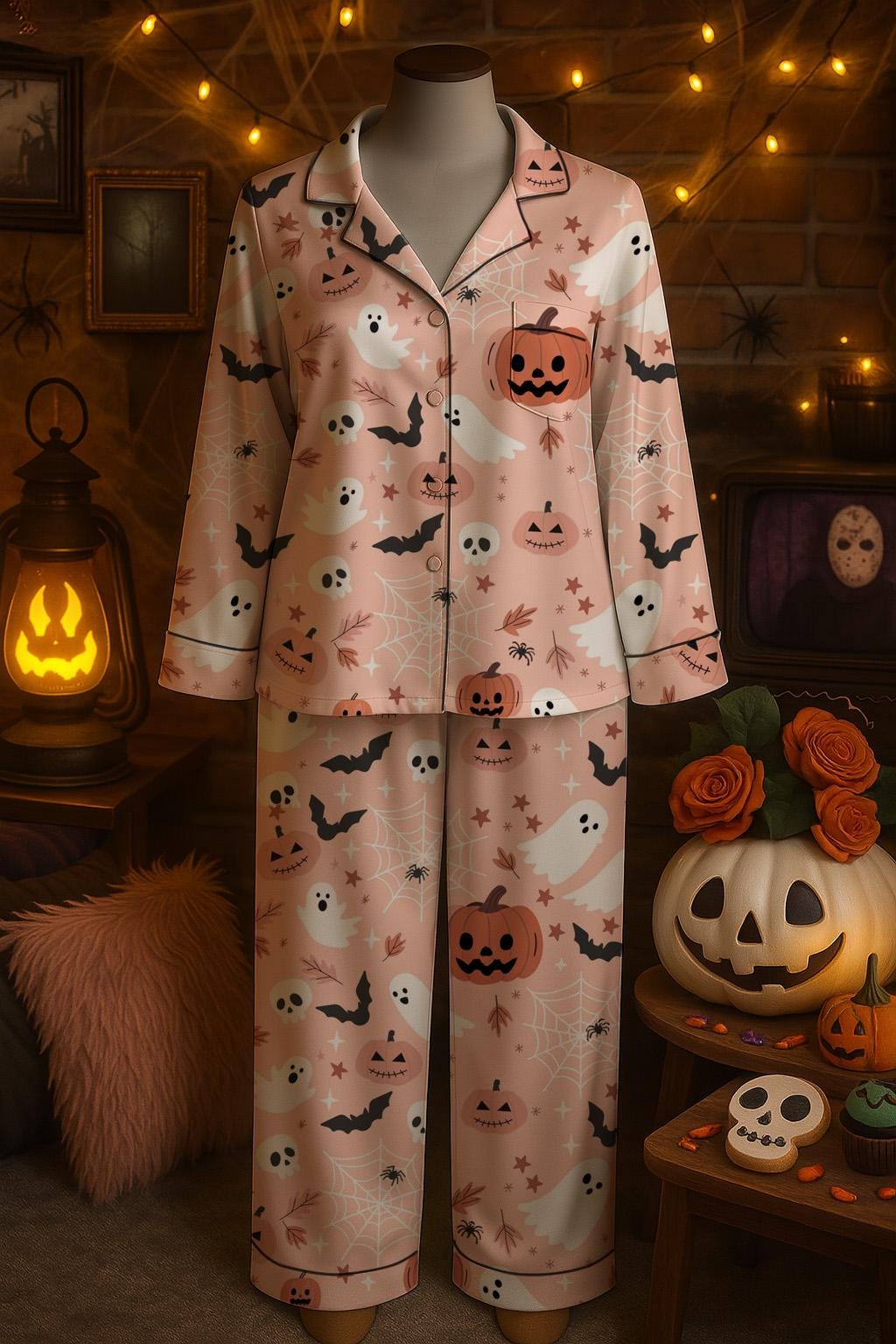Cute Ghost Pumpkin Bat Spider Web Sleepwear, Halloween Pajama Set, Spooky Fall Loungewear, Holiday Themed Matching PJs, Cozy Season Pajamas Pajamas Set