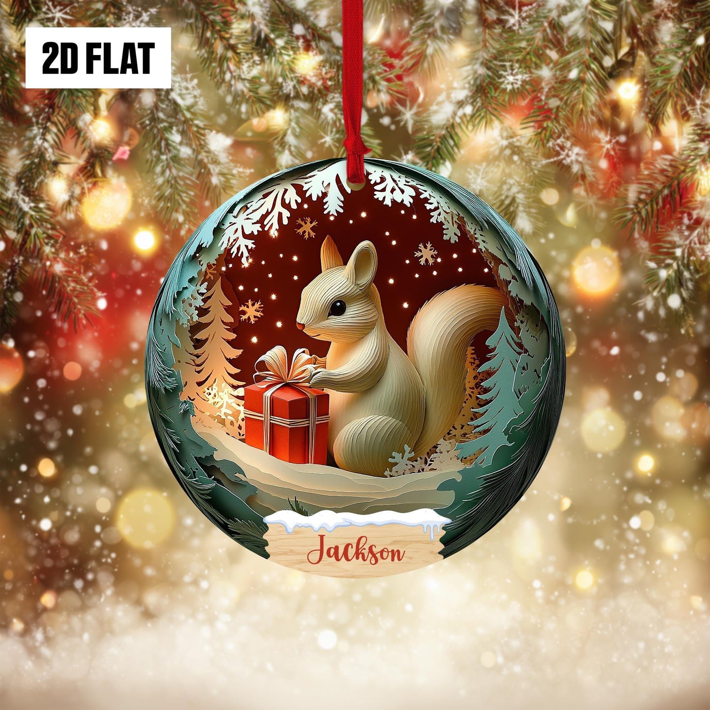 Personalized Squirrel Holding Presents 2D Flat Ornament, Squirrel Paper Cut Effect Christmas Ornament, Squirrel Christmas Home Decoration