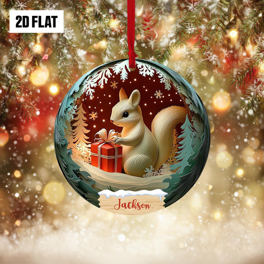 Personalized Squirrel Holding Presents 2D Flat Ornament, Squirrel Paper Cut Effect Christmas Ornament, Squirrel Christmas Home Decoration