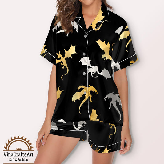 Black & Gold Dragon Satin Pajamas Set – Elegant Fantasy Loungewear for Women, Dragon Rider Bookish Loungewear, Book Lover Gift