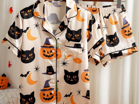 Cute Ghost Pumpkin Bat Spider Web Satin Pajamas Set, Ghost Pajamas, Ghost Pumpkin Pjs, Black Cat Pajamas, Halloween Pajamas, Spooky Season