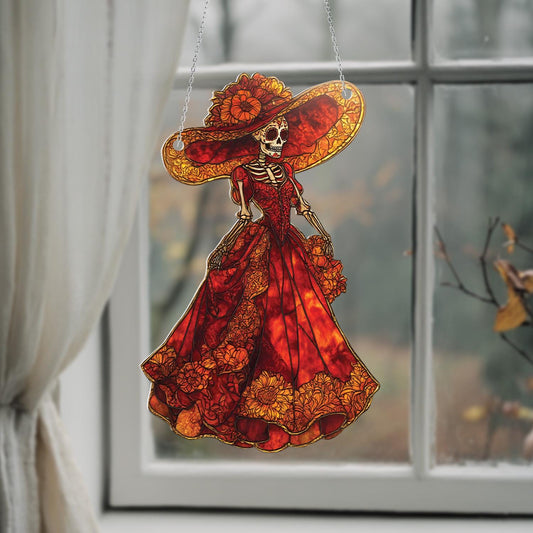 Elegant Day Of The Dead Lady In Red Dress And Wide Hat Window Hanging, Vibrant Décor For A Bold And Artistic Festive Touch
