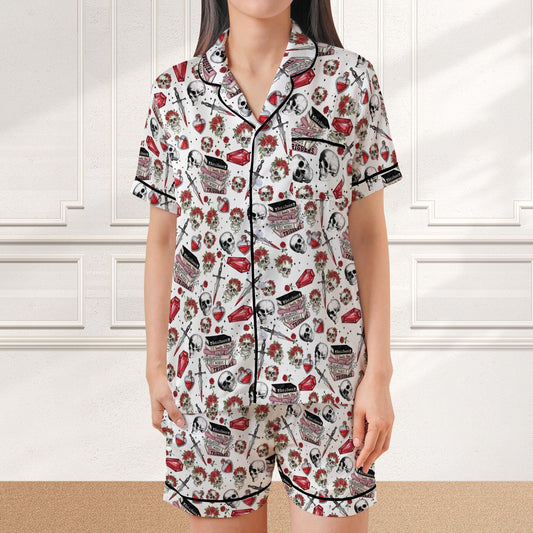 Dark Romance Skeleton Satin Pajamas, Rose Bookish Sleepwear Gift, Reading Lover Dark Fantasy Romance Pajamas Set, Spicy Bookish Gift