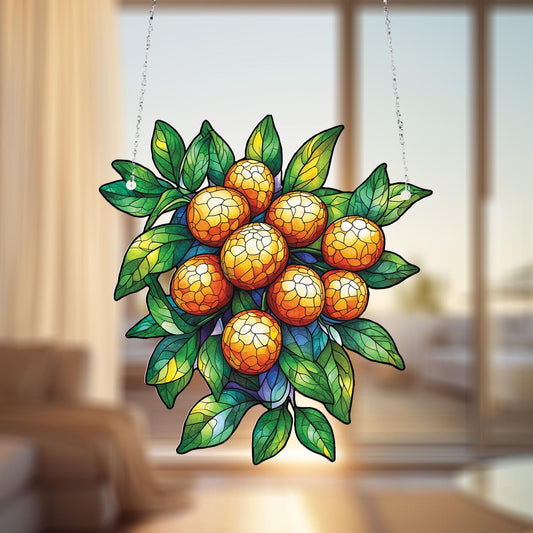 Orange Fruit and Leaf Cluster Hanging Panel, Vibrant Window or Wall Art for Kitchen, Dining Room, and Nature-Inspired Home Décor