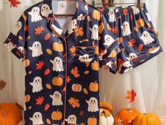 Cute Ghosts and Pumpkins Satin Pajamas Set, Ghost Pajamas, Cozy Fall Pajamas, Halloween Pajamas, Ghost Pumpkin Pajamas, Spooky Season Gift
