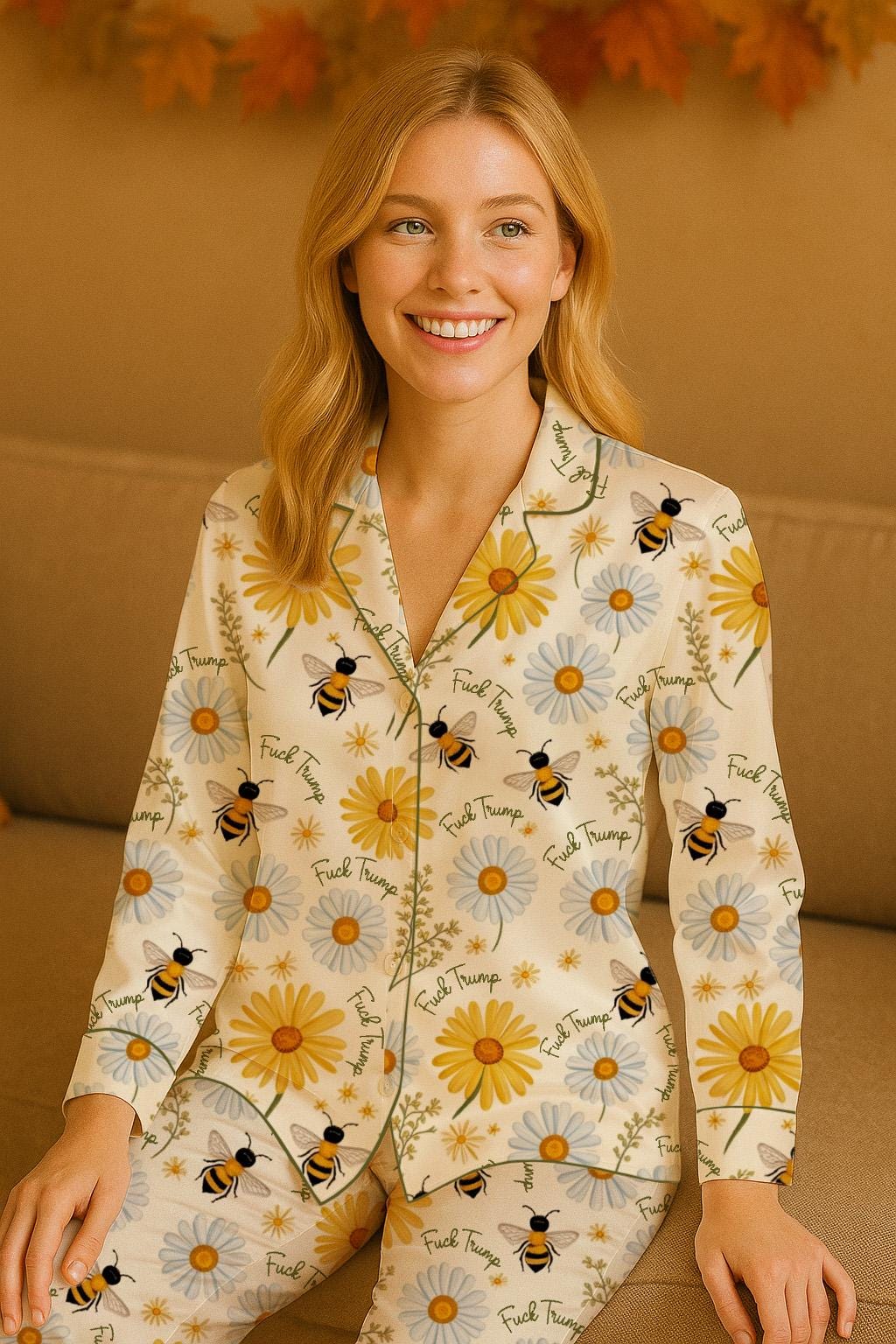 Subtle F*ck Trump Bee and Floral Pajama Set, Floral and Bee Pajama Set, Summer Vibes Sleepwear,4687, Anti Trump Sleepwear, Hidden Swear Pjs