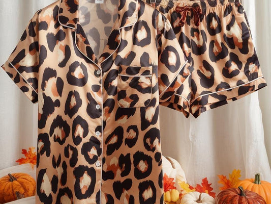 Leopard Pattern Satin Pajamas Set, Girlish Pajamas, Cute Women Pajamas, Leopard Skin Pajamas Set, Leopard & Cheetah Pajama, Halloween Pajama
