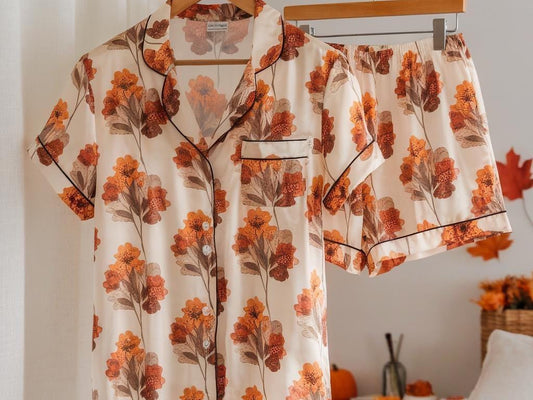 Cozy Fall Aesthetic Satin Pajamas Set, Autumn Pajamas, Fall Pajamas, Autumn Flowers Pajamas, Fall Flowers Pajama, Halloween Pjs, Cozy Season