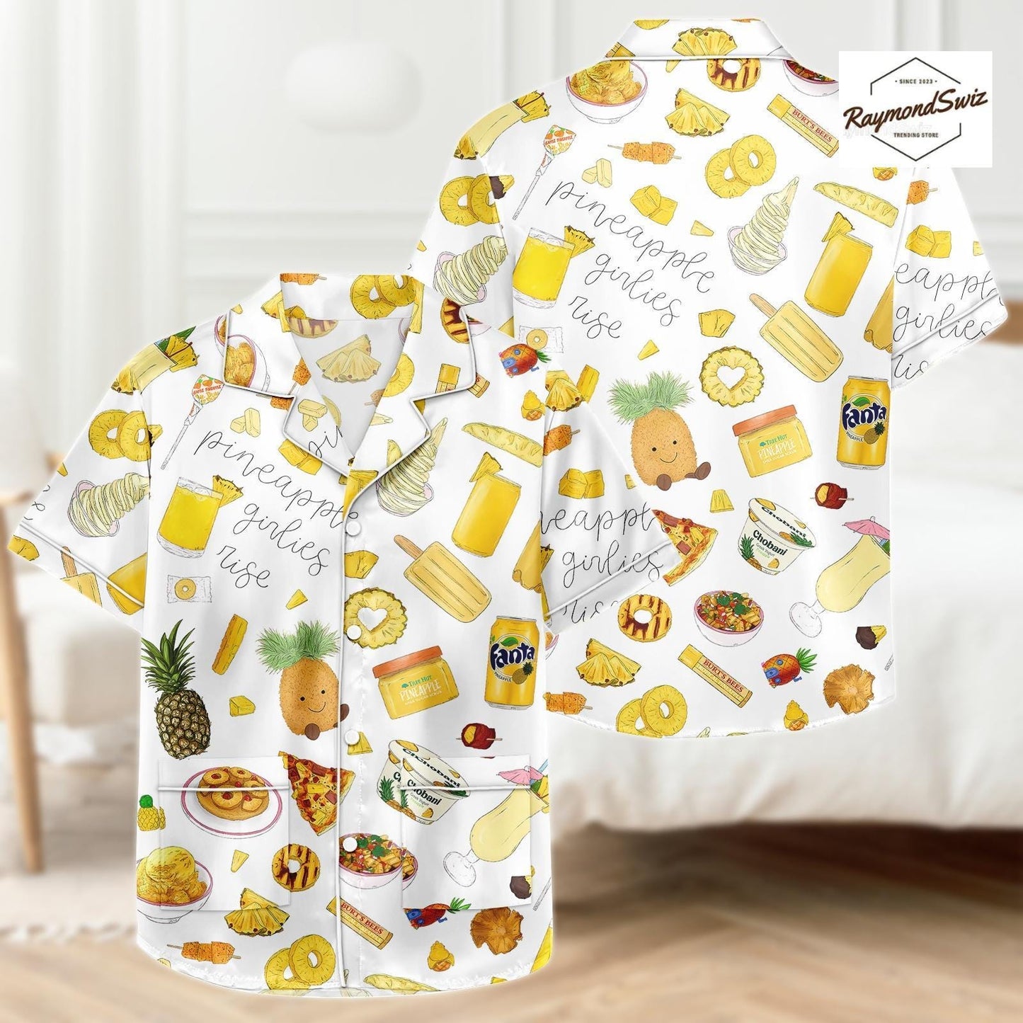Pineapple Print Pajama Set, Yellow Button Up Pajama, Cute Shorts Pyjama, Matching PJs Set