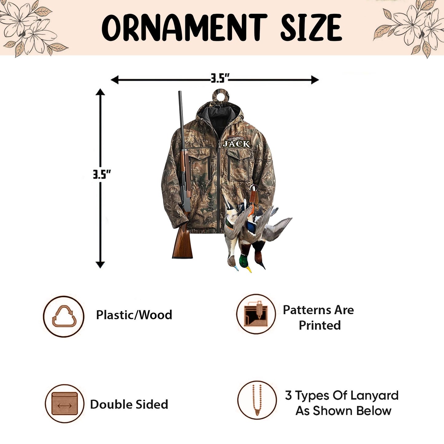 Personalized Hunting 2D Flat Ornament, Custom Duck Hunting Christmas Tree Ornament, Hunting Vest Christmas, Gift for Hunter, Dad, Husband