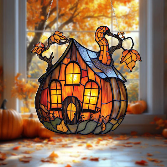 Pumpkin House Window Hanging, Halloween Acrylic Window Decor with Autumn Leaves, Cozy Fall Cottage Ornament for Spooky Seasonal Home