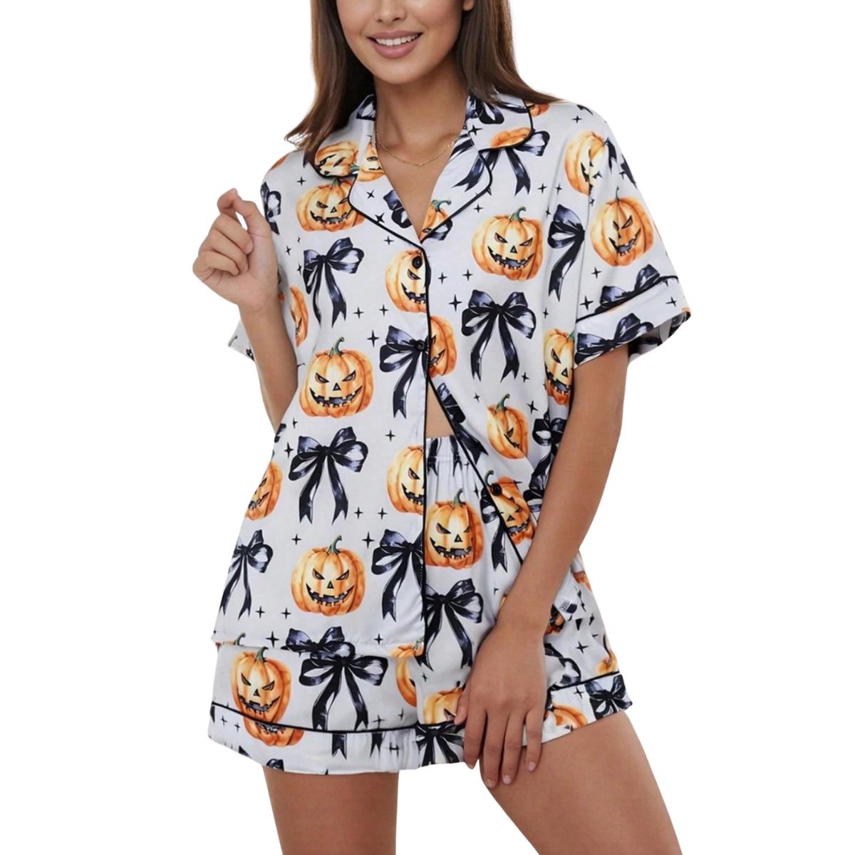 Women Halloween Pajamas Set Cute Pumpkin Ghost Print Pajamas Set