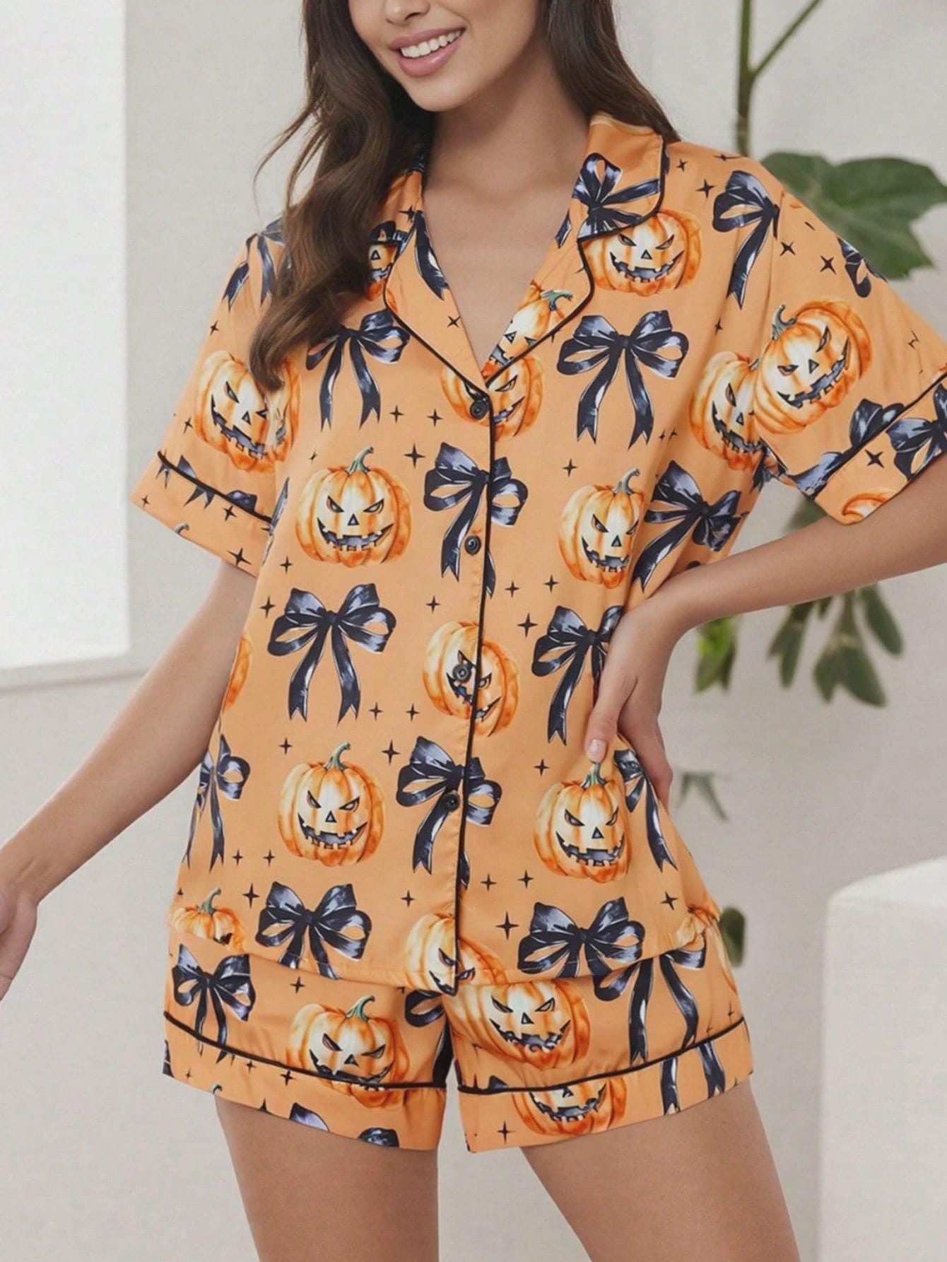 Women Halloween Pajamas Set Cute Pumpkin Ghost Print Color Orange Pajamas Set
