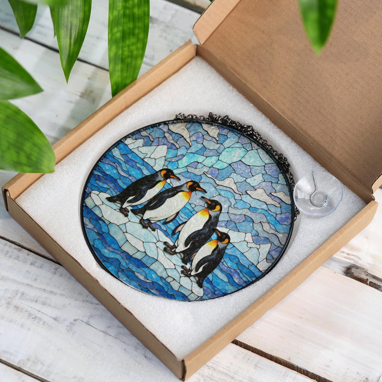 Suncatcher stained glass penguins on ice Christmas gift for mom winter home decor