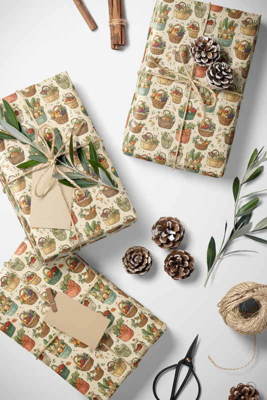 Farmers Market Wrapping Paper Roll Farm Fresh Fruits and Vegetables Eco Rustic Country Kitchen Foodie Party Gift Wrap Design #4