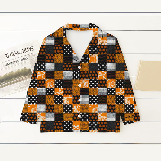 Plaid Patchwork Halloween Pajamas Set, Black Orange Cozy Sleepwear, Cute Spooky Night Lounge Set, Spooky Season Gift