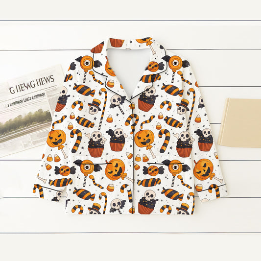 Halloween Candy Pumpkin Skull Cake Pajamas Set, Halloween Pattern Sleepwear, Spooky Homewear, Cozy Loungewear, Spooky Season Gift
