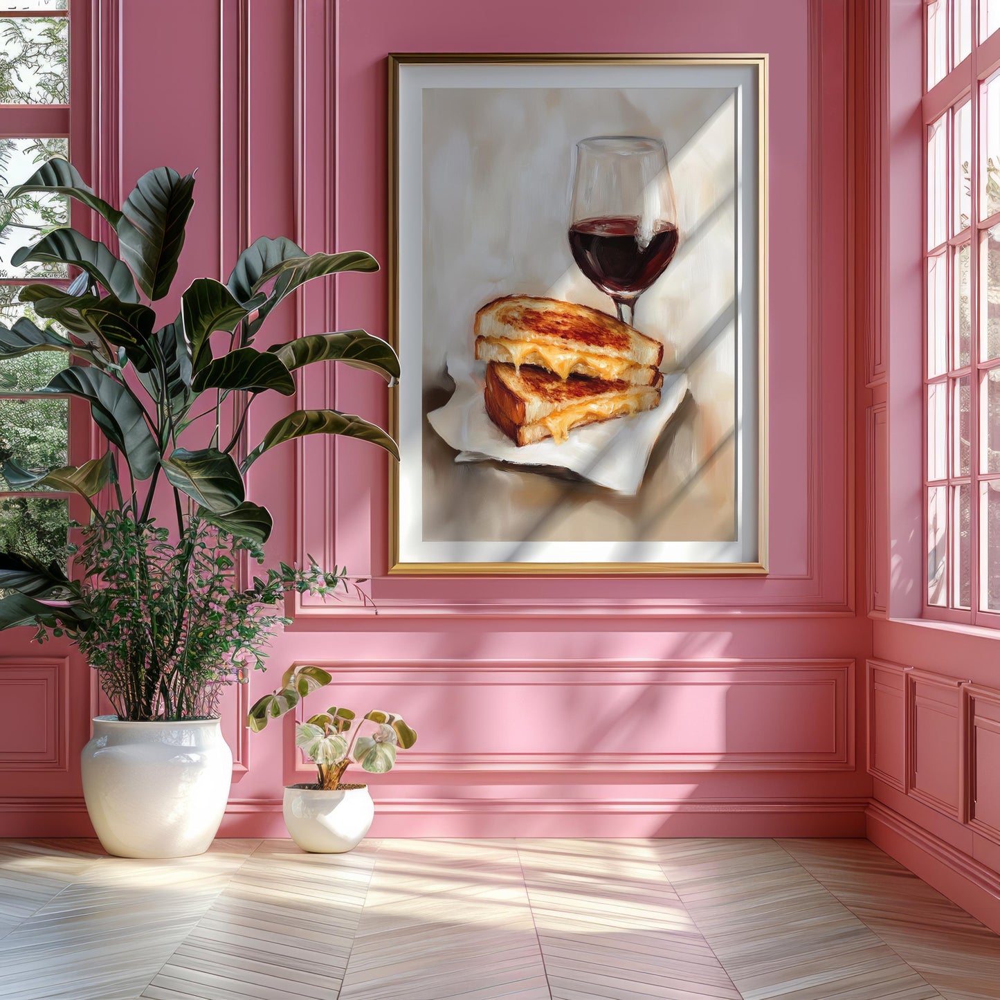 Grilled Cheese and Red Wine Art Print | Cute Quirky Whimsical | Cocktail Art Bar Cart Decor | Grilled Cheese Art Gift | Trendy Home Wall Art