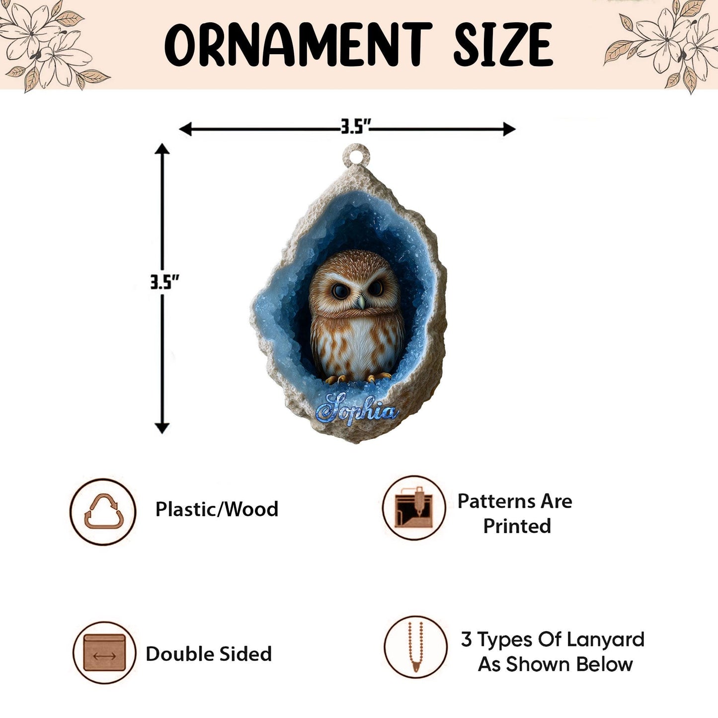 Personalized Owl 2D Flat Ornament, Owl Rearview Mirror Car Accessories, Owl Christmas Ornament, Bird Decor, Gift for Owl Lover, Animal Lover