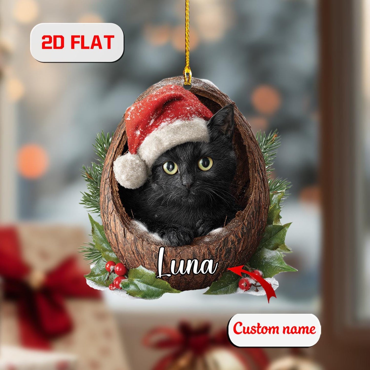 Custom 2D Cat Ornament – Personalized Black Kitten in Christmas Nest Acrylic Decoration, Cute Pet Lover Gift, Unique Holiday Keepsake 2025