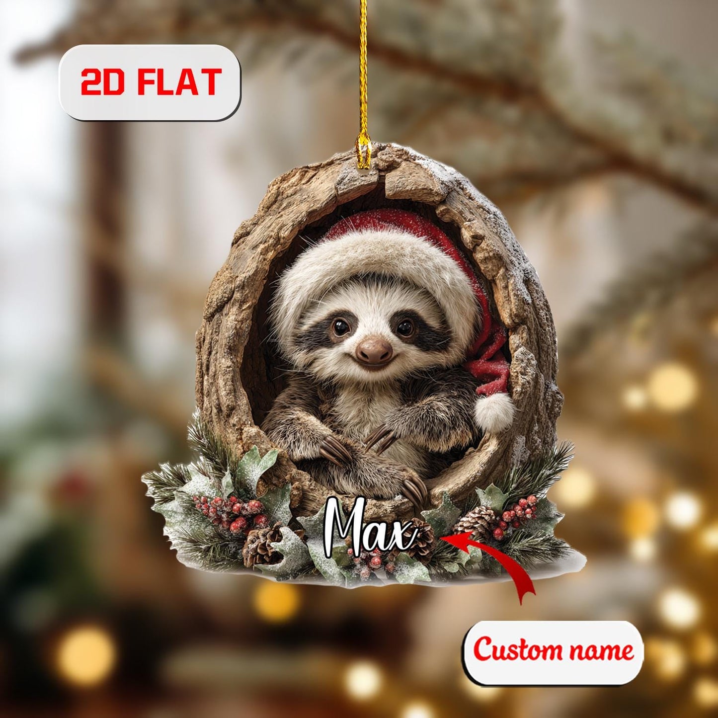 Custom 2D Sloth Ornament – Personalized Christmas Acrylic Decoration with Cute Sloth in Wreath, Unique Animal Lover Gift & Holiday Keepsake