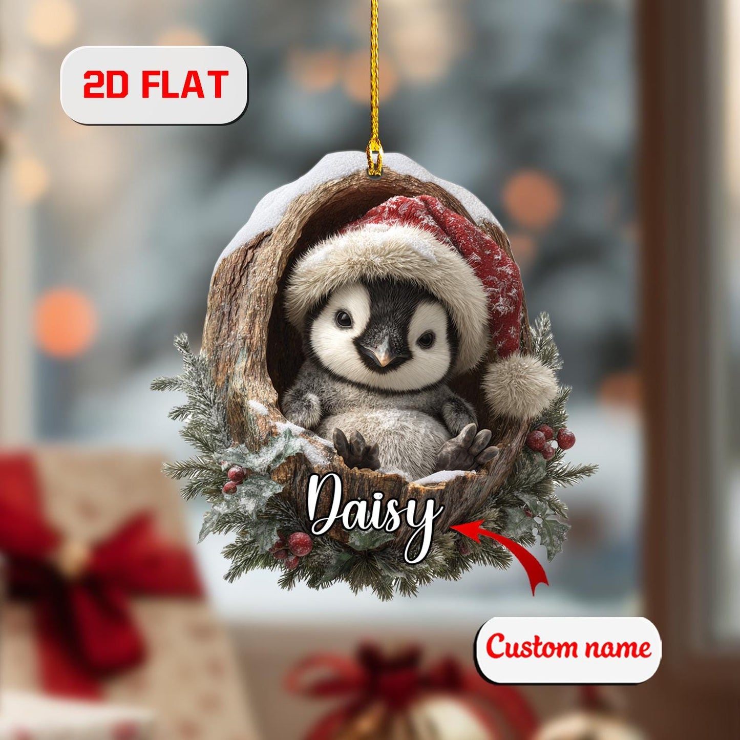 Custom 2D Penguin Ornament,Personalized Baby Penguin in Christmas Wreath Acrylic Decoration, Cute Animal Lover Gift, Winter Holiday Keepsake