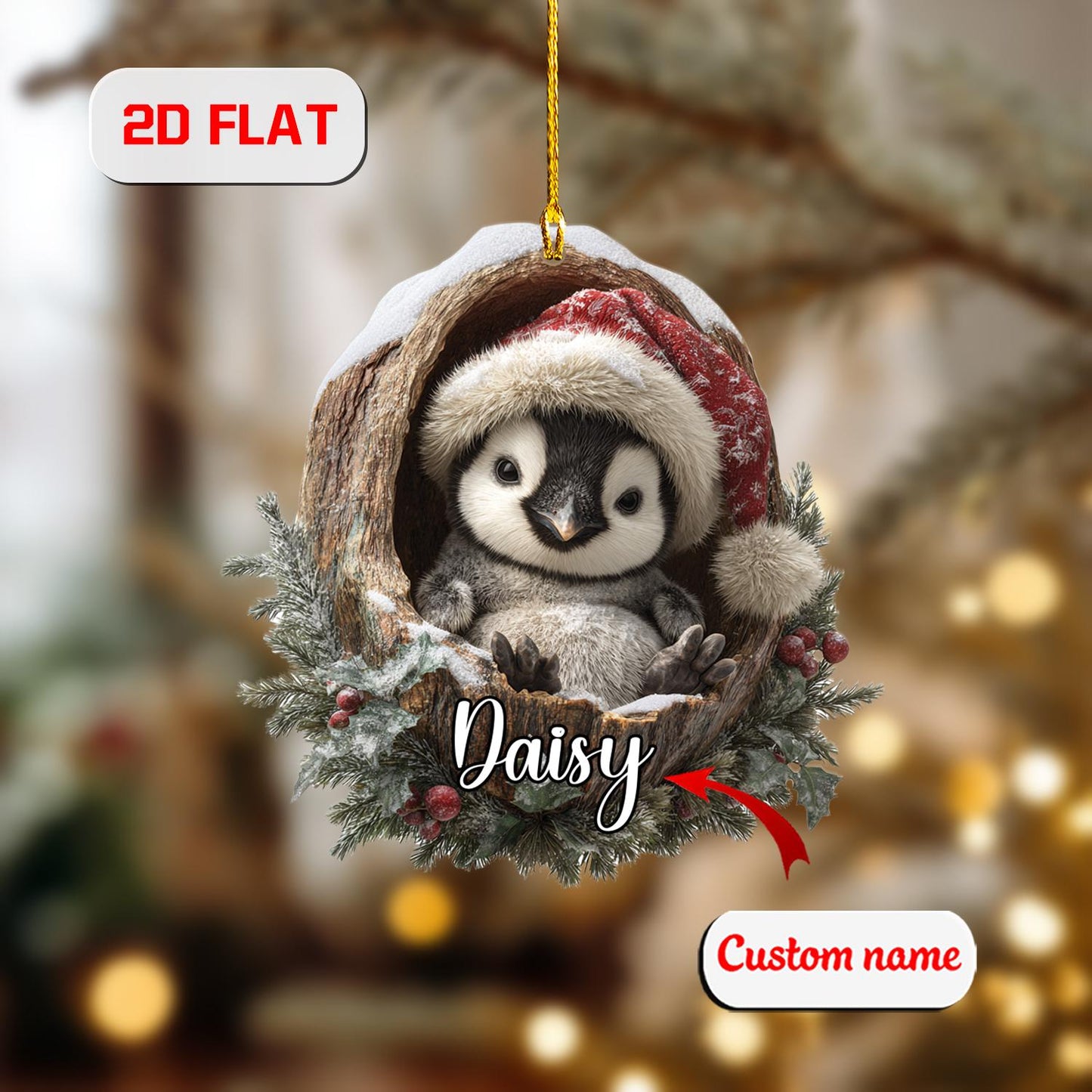 Custom 2D Penguin Ornament,Personalized Baby Penguin in Christmas Wreath Acrylic Decoration, Cute Animal Lover Gift, Winter Holiday Keepsake