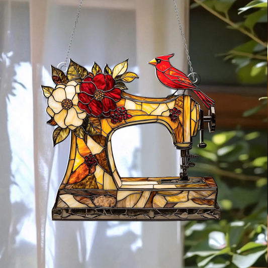 Sewing Machine Window Hanging with Red Cardinal and Floral Design – Decorative Sun Catcher, Vintage Style Home Decor, Unique Handmade Gift
