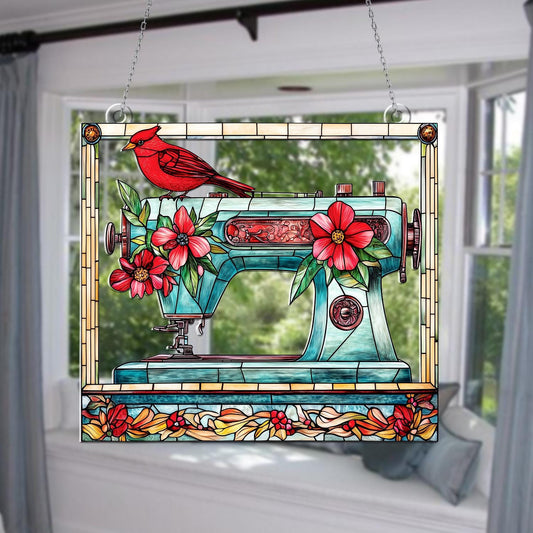 Sewing Machine Window Hanging with Red Cardinal and Floral Design – Decorative Suncatcher, Vintage Style Window Art, Unique Home Decor Gift